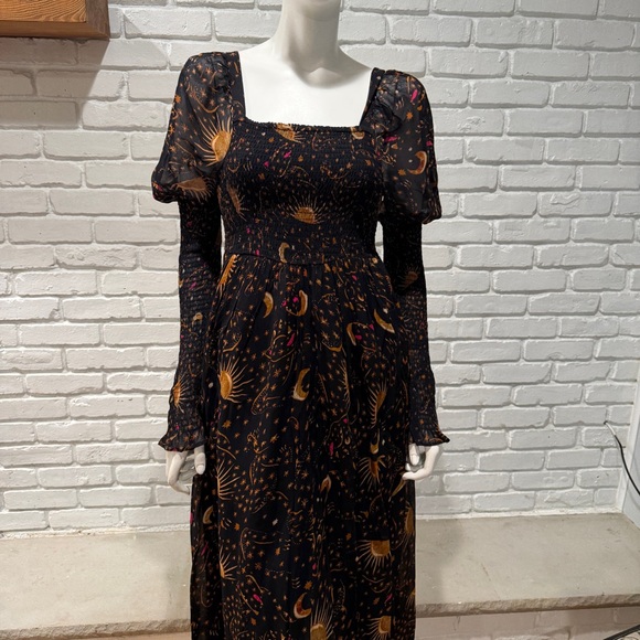 Farm Rio Boho Celestial Print Dress M | Smocked Midi Puff Sleeve Festival Luxe - Picture 8 of 16